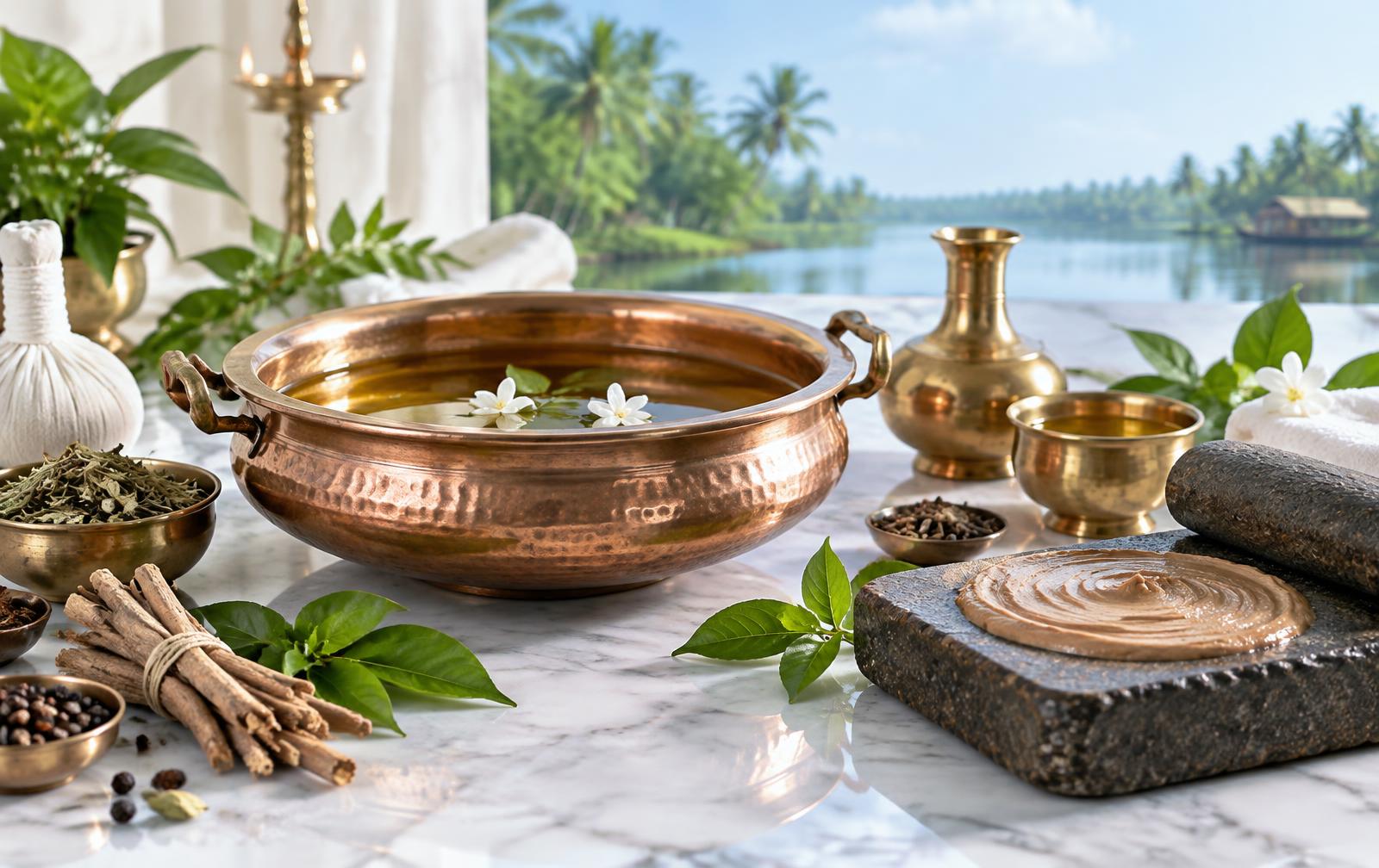 Copper Uruli bowl with medicated herbal oil, sandalwood paste and fresh Kerala botanicals